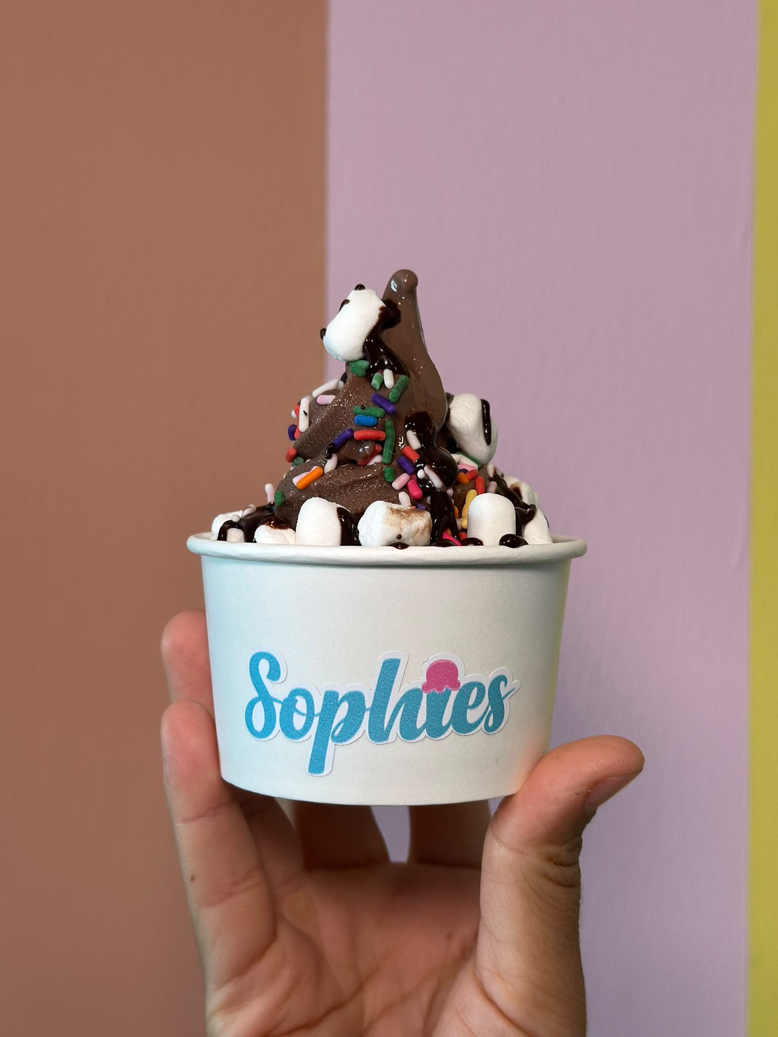 Un swirl de chocolate en un vaso de Sophie’s cubierto de mini marshmallows, chispitas de colores y salsa de chocolate