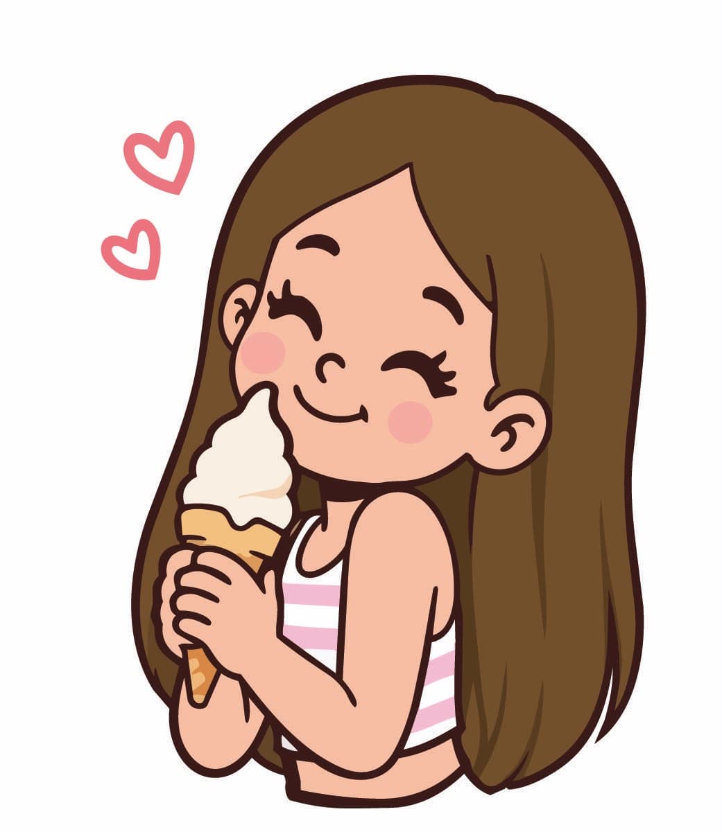 Caricatura de Sophie sonriendo con los ojos cerrados, abrazando un cono de helado suave de vainilla, con dos corazoncitos flotando sobre ella