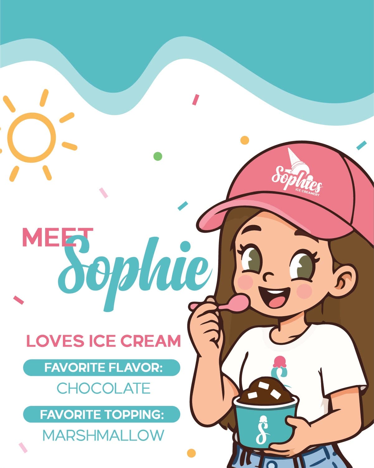 Conoce a Sophie: una caricatura de Sophie con una gorra rosada de Sophie’s Ice Creamery, comiendo feliz helado de chocolate con marshmallow. Le encanta el helado; su sabor favorito es el chocolate y su topping favorito es el marshmallow.