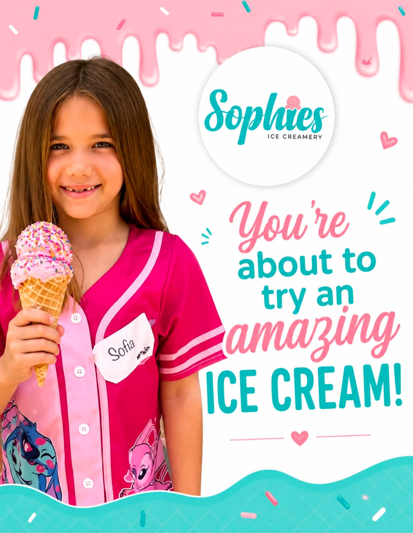 Sofia holding a double scoop of pink sprinkle ice cream