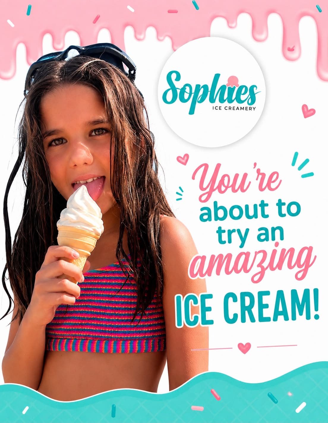 A girl at the beach enjoying a soft-serve cone