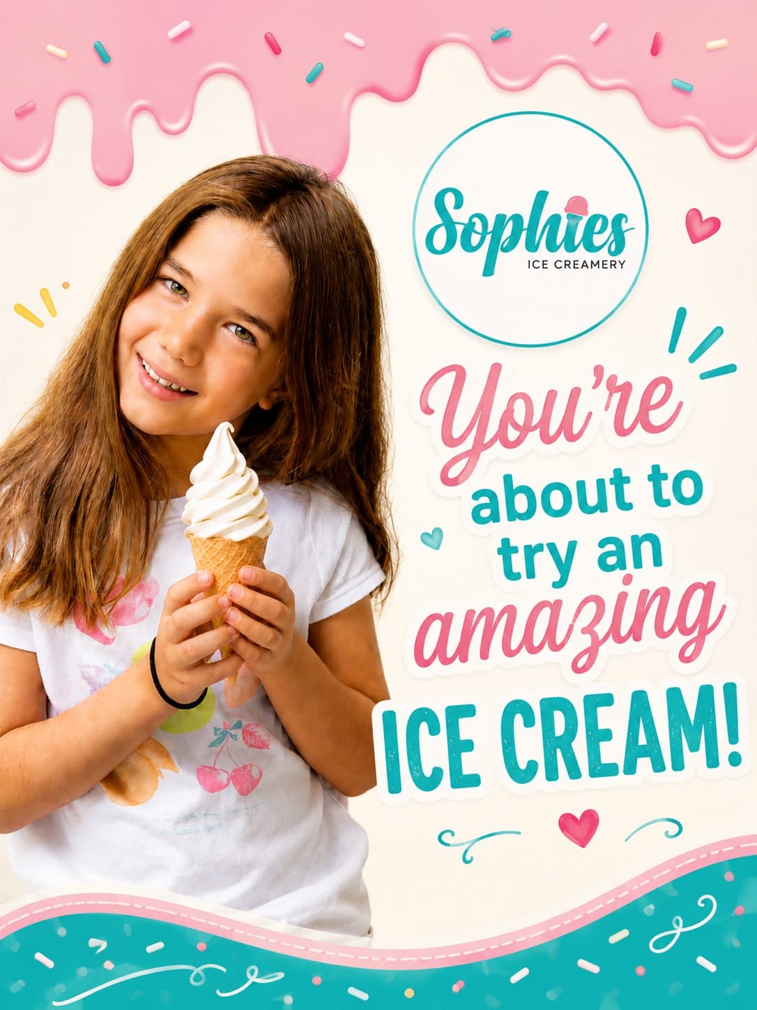 A girl smiling with a swirl of soft-serve ice cream