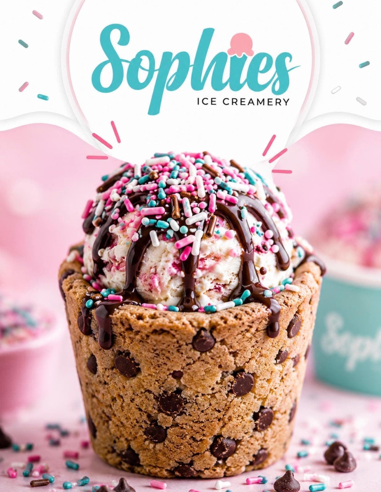 A hand-scooped sundae in a chocolate chip cookie cup, topped with sprinkles